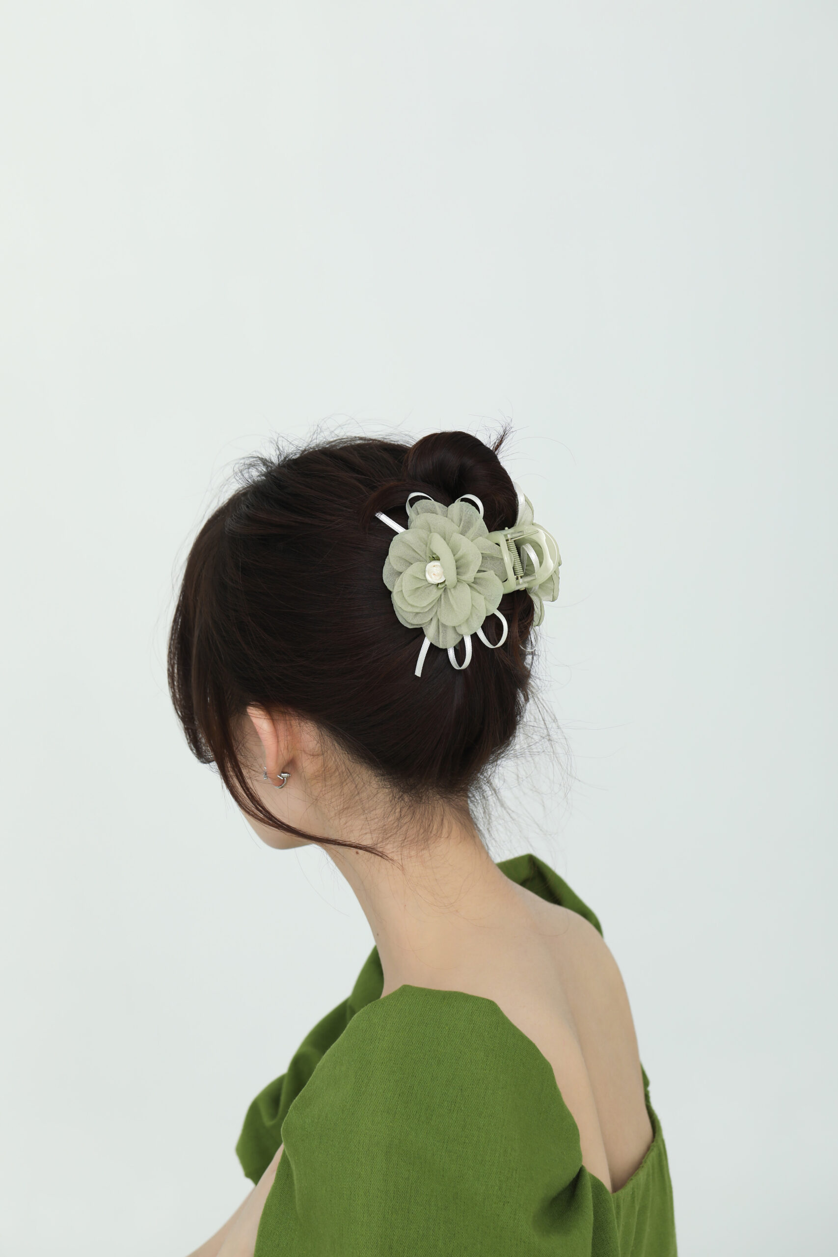 Sage Chiffon Flower Claw Clip - Pearl Center