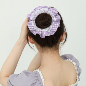 Purple Gingham Ruffle Scrunchie - Gentle Hair Tie
